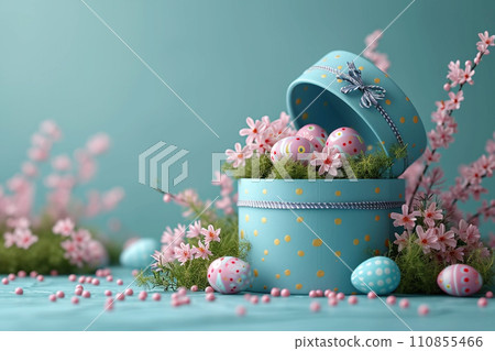 Blue pink Easter eggs in gift box on pastel background Blue pink Easter eggs in gift box on pastel background 110855466