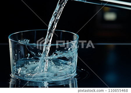 Closeup af pouring water into glass, sink and tap 110855468