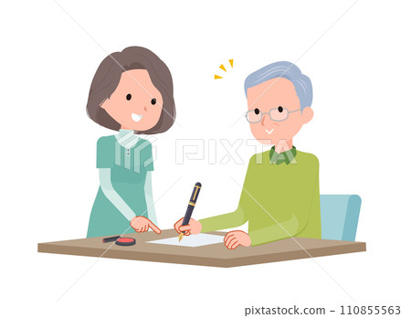 Woman teaching senior man how to fill out forms 110855563