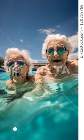 Active senior women swimming in the pool 110855769