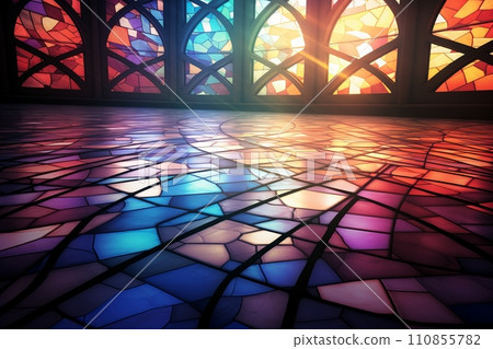 Rays of bright sun pass through colored stained glass Rays of bright sun pass through colored stained glass 110855782