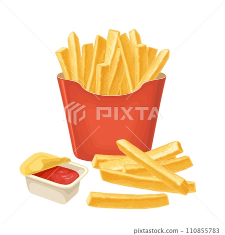 French fry stick potato in paper box. Vector color realistic illustration. French fry stick potato in paper box. Vector color realistic illustration. 110855783