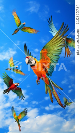 Bright blue sky with flying parrots Bright blue sky with flying parrots 110855784