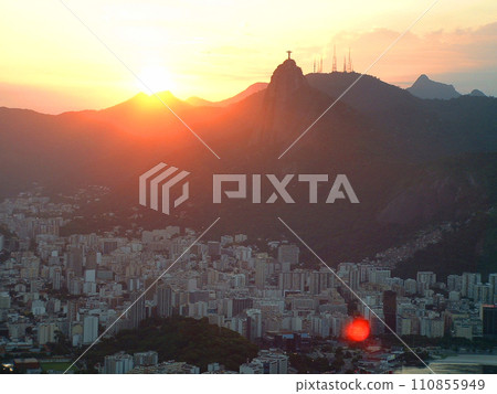 Sunset in Rio and Christ the Redeemer statue, Brazil 110855949