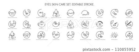 Eye skin care area icon pack set for patch, cream, mask cosmetic and beauty product, ophthalmology clinic, web, packaging. Vector stock illustration isolated on white background. Editable stroke.EPS10 110855952