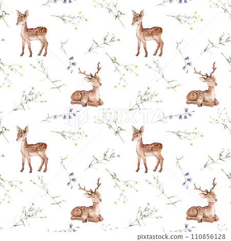 Watercolor seamless pattern baby deer and meadow flowers. Spotted deer isolated on white background. Hand painted wild animal template for fabric. Animal for design print or background. bluebell Watercolor seamless pattern baby deer and meadow flowers. Spotted deer isolated on white background. Hand painted wild animal template for fabric. Animal for design print or background. bluebell 110856128