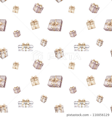 Seamless pattern Happy Birthday Watercolor. Hand drawn collection with gift boxesfor baby shower in cute pastel colors on isolated background. Minimal Illustration with presents for party 110856129