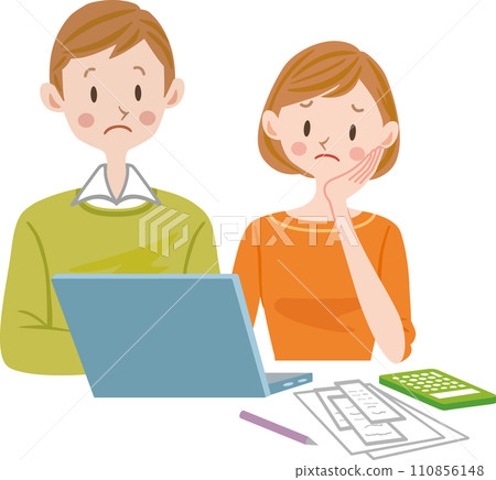 A couple using a computer, a couple keeping household account books, a freelancer having trouble filing a tax return 110856148