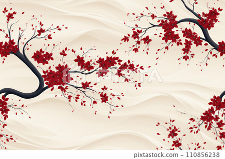 Beautiful illustration of red flowers on delicate branches set against a flowing cream backdrop. Beautiful illustration of red flowers on delicate branches set against a flowing cream backdrop. 110856238