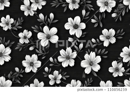Monochrome Floral Pattern on Black Background. Elegant white flowers with grey foliage on dark backdrop. Monochrome Floral Pattern on Black Background. Elegant white flowers with grey foliage on dark backdrop. 110856239