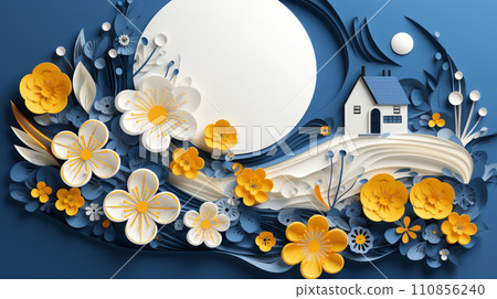 Paper cut scene with yellow and white flowers, small house, and a crescent moon in a blue setting Paper cut scene with yellow and white flowers, small house, and a crescent moon in a blue setting 110856240