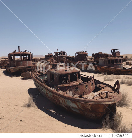 Old rusty ships and barges in the desert. Dry sea. Climate change, human impact on nature Old rusty ships and barges in the desert. Dry sea. Climate change, human impact on nature 110856245
