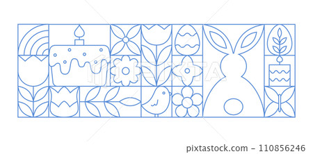 Abstract easter geometric banner, border. Outline tulip, bunny, easter cake, egg, flower, candle. Abstract easter geometric banner, border. Outline tulip, bunny, easter cake, egg, flower, candle. 110856246