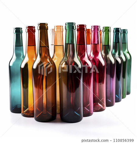 Many colorful bottles of the same shape next to each other on a white background Many colorful bottles of the same shape next to each other on a white background 110856399