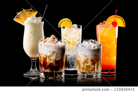 Set and collection of classic alcohol cocktails or mocktail isolated on white background with fresh summer fruits 110856433