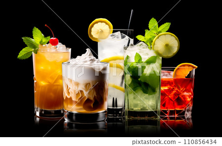 Set and collection of classic alcohol cocktails or mocktail isolated on white background with fresh summer fruits Set and collection of classic alcohol cocktails or mocktail isolated on white background with fresh summer fruits 110856434