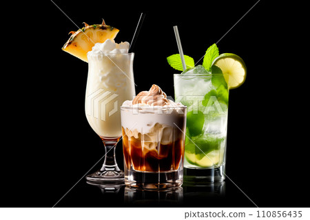 Set and collection of classic alcohol cocktails or mocktail isolated on white background with fresh summer fruits 110856435