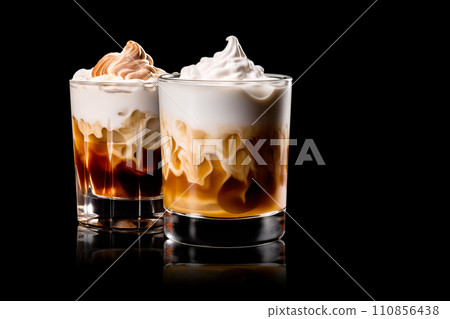 Set of White Russian cocktail featuring layers of cream, coffee liqueur and vodka Set of White Russian cocktail featuring layers of cream, coffee liqueur and vodka 110856438