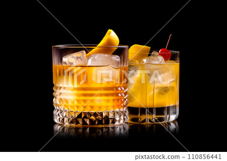 Set of Whiskey Sour and Old Fashioned cocktail garnished with a lemon in rocks glass on white background 110856441