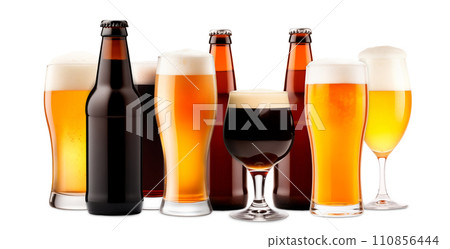 Set of Beer glasses and bottles on a white background. Mugs with drink like Ipa, Pale Ale, Pilsner, Porter or Stout 110856444