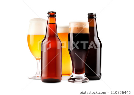 Set of Beer glasses and bottles on a white background. Mugs with drink like Ipa, Pale Ale, Pilsner, Porter or Stout 110856445