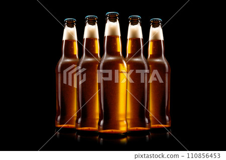 Set of Beer bottle on a black background. Bottle with drink like Ipa, Pale Ale, Pilsner, Porter or Stout 110856453