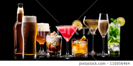 Set and collection of classic alcohol cocktails or mocktail isolated on black background with fresh summer fruits 110856464