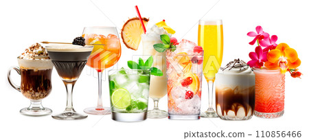 Set and collection of classic alcohol cocktails or mocktail isolated on white background with fresh summer fruits 110856466