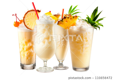 Set of Pina Colada cocktails with pineapple, coconut and creamy white top 110856472