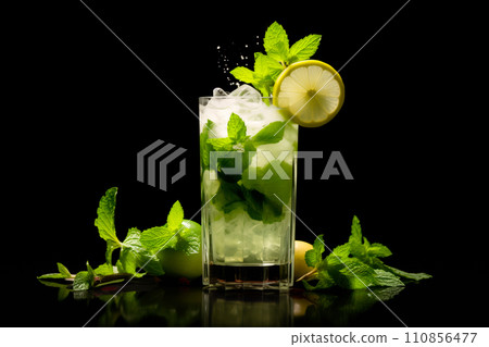 Mojito cocktail, garnished with fresh mint and a slice of lime in a tall glass Mojito cocktail, garnished with fresh mint and a slice of lime in a tall glass 110856477
