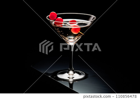 Martini cocktail garnished with cherries isolated on black background. 110856478
