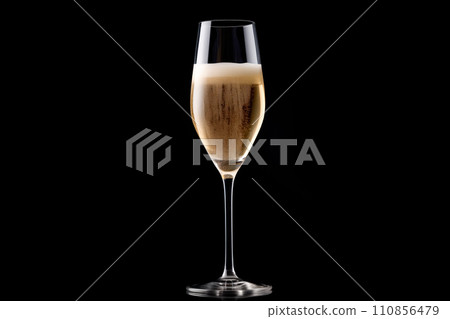 A crystal-clear flute glass of champagne isolated on black background 110856479