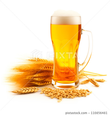 Beer in mug with wheat ears spikelets on white background. Mugs with drink like Ipa, Pale Ale, Pilsner, Porter or Stout 110856481