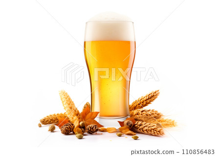 Beer in mug with wheat ears spikelets on white background. Mugs with drink like Ipa, Pale Ale, Pilsner, Porter or Stout 110856483