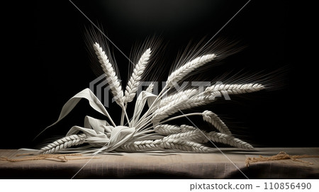 A bunch of wheat laid on a table, in the style of black and white still life 110856490