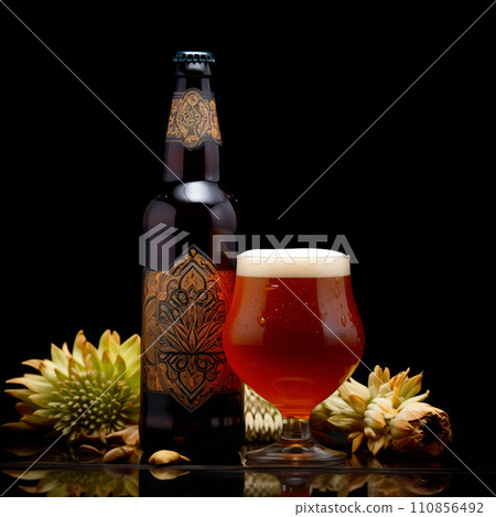 Beer in glass and beer bottle on a dark black background. Mugs with drink like Ipa, Pale Ale, Pilsner, Porter or Stout Beer in glass and beer bottle on a dark black background. Mugs with drink like Ipa, Pale Ale, Pilsner, Porter or Stout 110856492