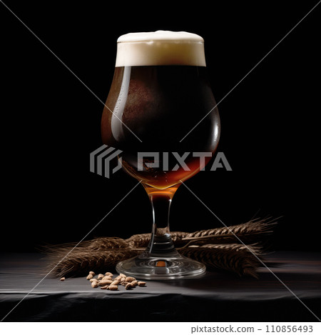 Beer in a tall glass on a dark black background. Mugs with drink like Ipa, Pale Ale, Pilsner, Porter or Stout Beer in a tall glass on a dark black background. Mugs with drink like Ipa, Pale Ale, Pilsner, Porter or Stout 110856493