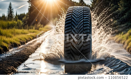 Single car tire standing on the road in difficult weather conditions, in snow or rain wet road with aquaplaning - ai generated 110856522