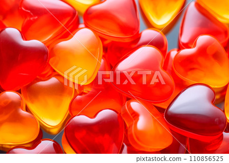 Closeup of pink candy hearts and sweets in shape of love symbol on pink background, for Valentine's day Closeup of pink candy hearts and sweets in shape of love symbol on pink background, for Valentine's day 110856525