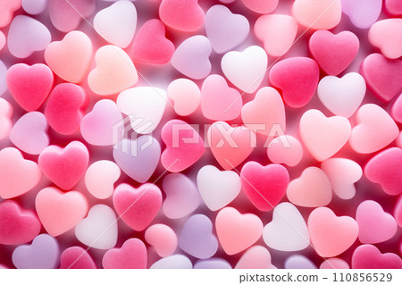Closeup of pink candy hearts and sweets in shape of love symbol on pink background, for Valentine's day Closeup of pink candy hearts and sweets in shape of love symbol on pink background, for Valentine's day 110856529