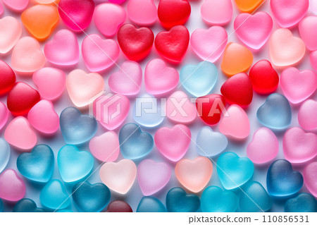 Closeup of pink candy hearts and sweets in shape of love symbol on pink background, for Valentine's day Closeup of pink candy hearts and sweets in shape of love symbol on pink background, for Valentine's day 110856531