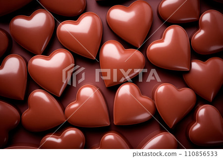 Closeup of chocolate candy hearts and sweets in shape of love symbol on pink background, for Valentine's day Closeup of chocolate candy hearts and sweets in shape of love symbol on pink background, for Valentine's day 110856533