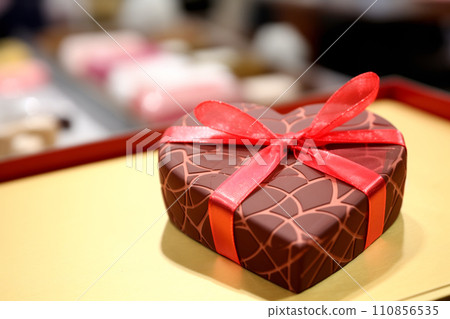 Closeup of chocolate candy hearts and sweets in shape of love symbol on pink background, for Valentine's day Closeup of chocolate candy hearts and sweets in shape of love symbol on pink background, for Valentine's day 110856535