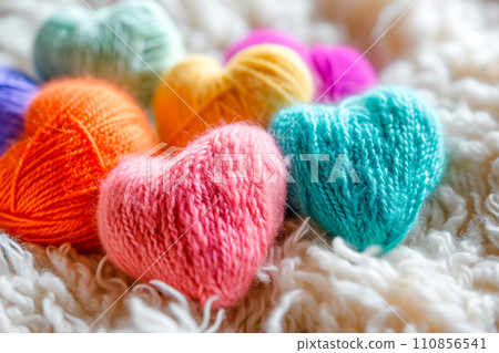 Poster or banner of colorful yarn hearts on surface on a blue background, Vibe of st. Valentine day and romantic Poster or banner of colorful yarn hearts on surface on a blue background, Vibe of st. Valentine day and romantic 110856541