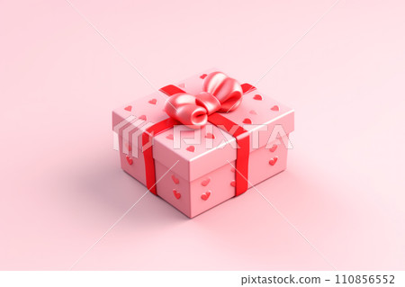 Mystery gift box with ribbon on solid bold background. Isometric view of present or giftbox with bow, Mystery gift box with ribbon on solid bold background. Isometric view of present or giftbox with bow, 110856552