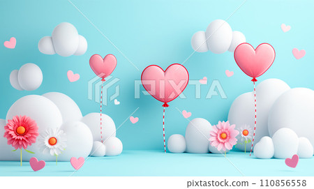 Poster or banner with clouds, hearts, balloons, flowers and presents on pastel blue 3D background for st. Valentine day 110856558