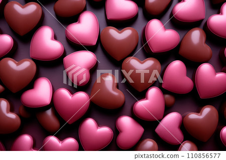 Closeup of chocolate candy hearts and sweets in shape of love symbol on pink background, for Valentine's day Closeup of chocolate candy hearts and sweets in shape of love symbol on pink background, for Valentine's day 110856577