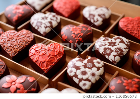 Closeup of chocolate candy hearts and sweets in shape of love symbol on pink background, for Valentine's day Closeup of chocolate candy hearts and sweets in shape of love symbol on pink background, for Valentine's day 110856578