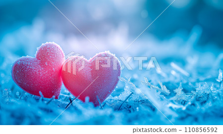 Poster or banner of two hearts sitting on the snow covered ground under light. Vibe of Valentine day and romantic Poster or banner of two hearts sitting on the snow covered ground under light. Vibe of Valentine day and romantic 110856592