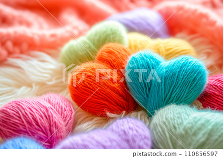 Poster or banner of colorful yarn hearts on surface on a blue background, Vibe of st. Valentine day and romantic 110856597